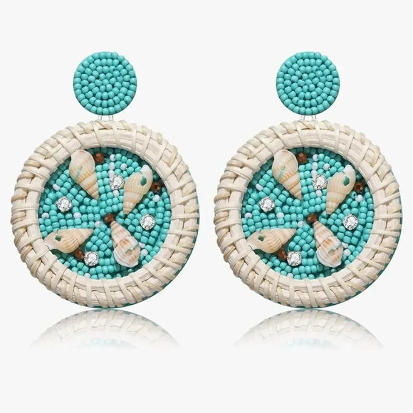 Anthropologie Beach Circle Seashell Rattan Earrings Brand New - Picture 5 of 10